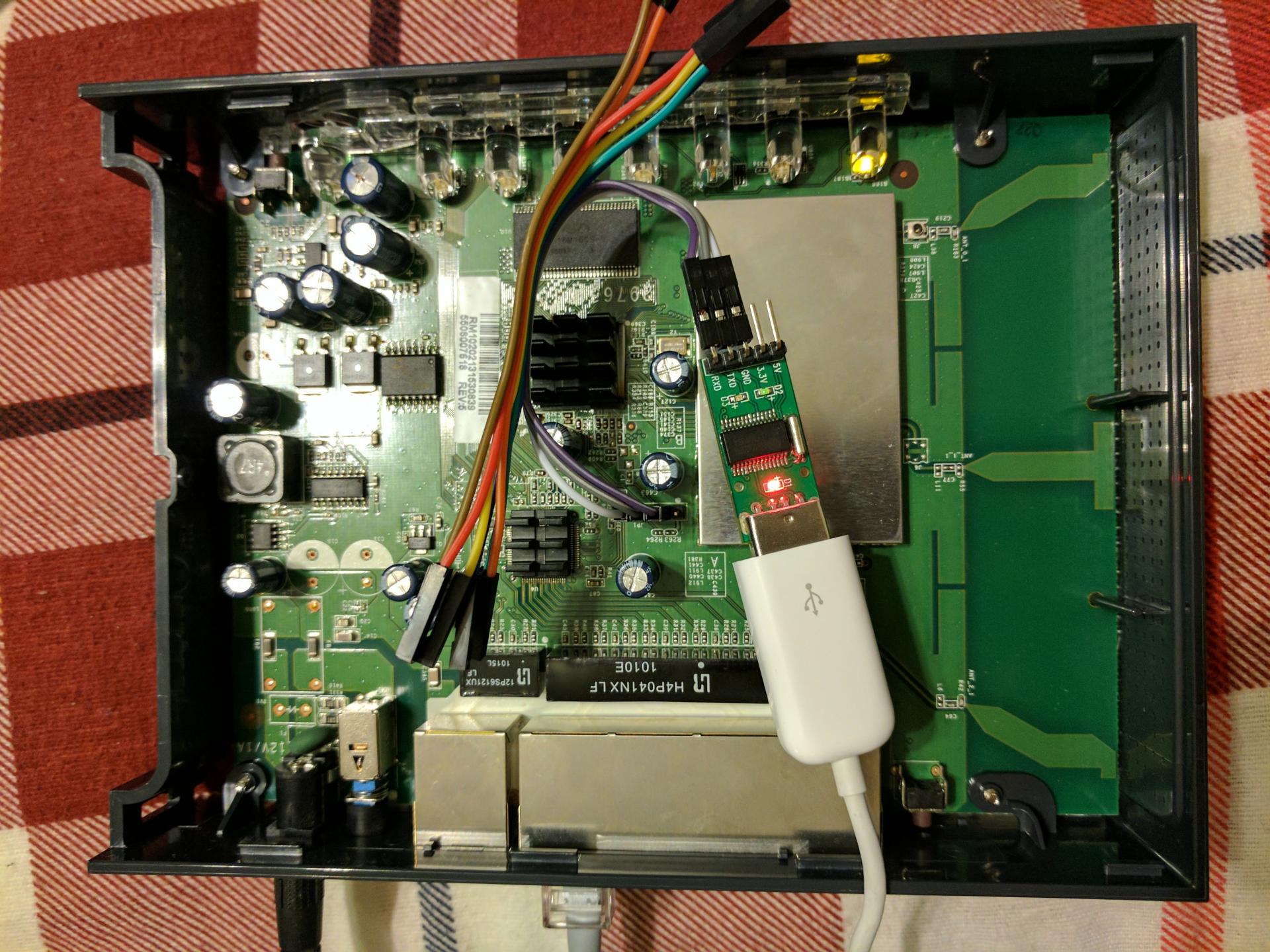 The WNR2000v1 board with TTL cables hooked up